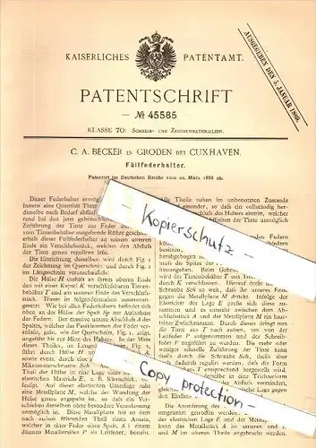 Original Patent - C.A. Becker in Groden b. Cuxhaven , 1888 , Füllfederhalter , Federhalter , Füller , Schule !!!