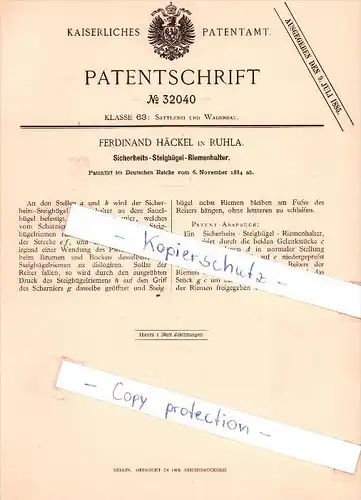 Original Patent  - Ferdinand Häckel in Ruhla , 1884 , Sicherheits - Steigbügel , Pferde , Pferd , Reiter !!!