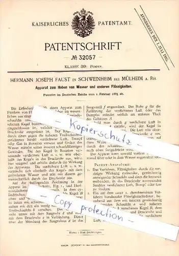 Original Patent  - H. Joseph Faust in Schweinheim bei Mülheim a. Rh. , 1885 , Pumpen !!!