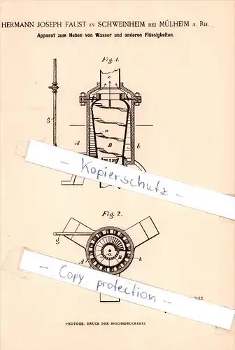 Original Patent  - H. Joseph Faust in Schweinheim bei Mülheim a. Rh. , 1885 , Pumpen !!!