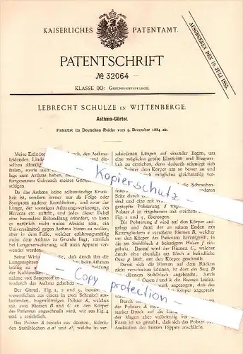 Original Patent  - Lebrecht Schulze in Wittenberge , 1884 , Asthma - Gürtel , Arzt , Apotheke , Krankenhaus !!!