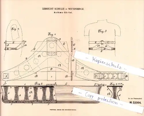 Original Patent  - Lebrecht Schulze in Wittenberge , 1884 , Asthma - Gürtel , Arzt , Apotheke , Krankenhaus !!!