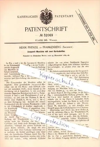 Original Patent  - Herm. Frenzel in Frankenberg , Sachsen , 1884 , Jacquard - Maschine , Weberei !!!