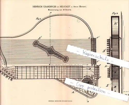Original Patent  - H. Grandinger in Neustadt a. Aisch , Bayern , 1885 , Neuerung an Zithern , Musikalien , Musik !!!