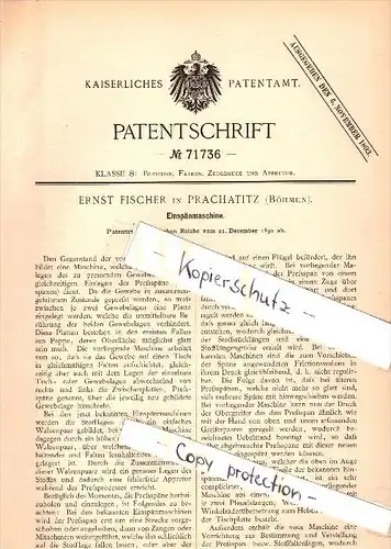 Original Patent - Ernst Fischer in Prachatitz / Prachatice , 1892 , Einspannmaschine , Gewebe , Textilien !!!