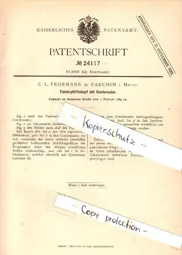 Original Patent - C.L. Fehrmann in Parchim i. Mecklenburg , 1883 , Tabakspfeife mit Condensator , Pfeife !!!