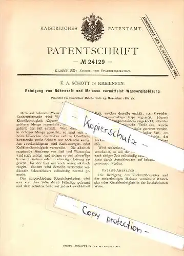 Original Patent - E.A. Schott in Kreiensen b. Einbeck , 1882 , Reinigung von Rübensaft und Melasse !!!