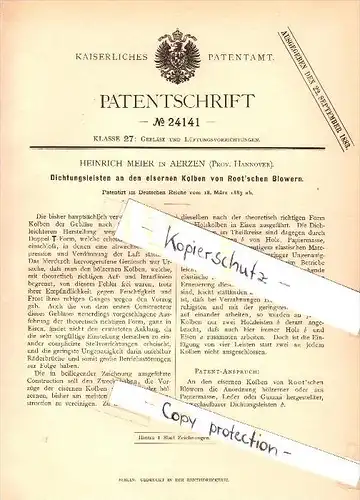 Original Patent - Heinrich Meier in Aerzen , Prov. Hannover , 1883 , Abdichtung für Kolben von Root'schen Blowern  !!!
