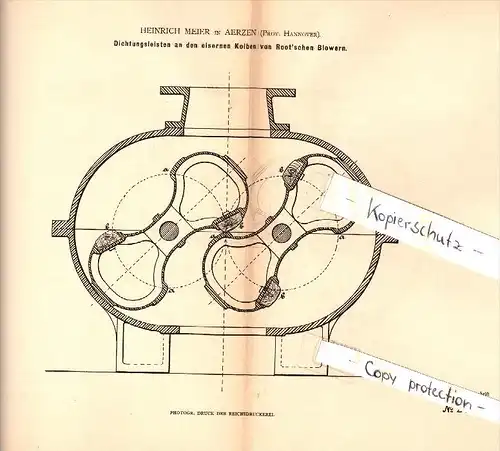 Original Patent - Heinrich Meier in Aerzen , Prov. Hannover , 1883 , Abdichtung für Kolben von Root'schen Blowern  !!!