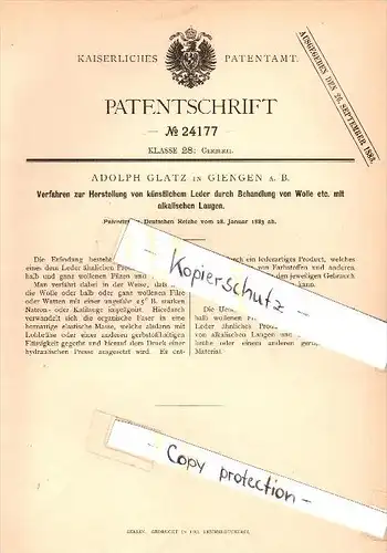 Original Patent - Adolph Glatz in Giengen a.d. Brenz , 1883 , Herstellung von künstlichem Leder !!!