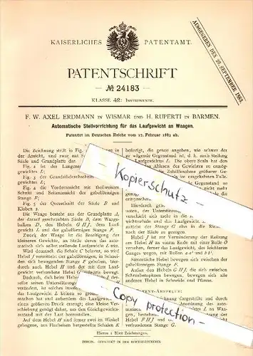 Original Patent - F.W. Axel Erdmann in Wismar i. Mecklenburg , 1883 , Verstellung für Waagen , H. Ruperti in Barmen !!!
