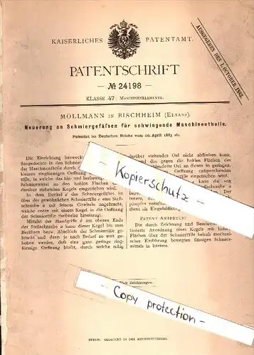 Original Patent - Möllmann à Bischheim , Elsass , 1883 , a graisse pour les pièces de machines !!