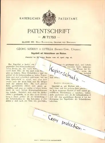 Original Patent - Georg Székely in Lutilla / Lutila , 1893 , Sägeblatt mit Hobelzähnen , Tischlerei !!!