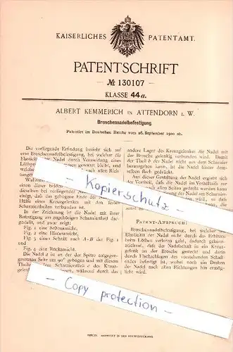 Original Patent  - Albert Kemmerich in Attendorn i. W. , 1900 , Broschennadelbefestigung !!!