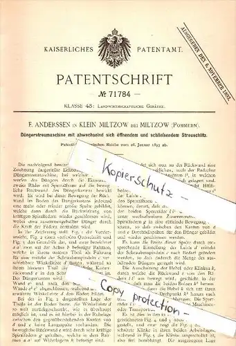 Original Patent - E. Anderssen in Klein Miltzow i. Mecklenburg , 1893 , Düngerstreumaschine , Landwirtschaft , Sundhagen