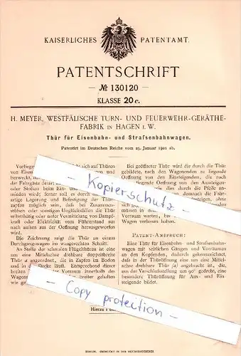 Original Patent  - Westfälische Turn- und Feuerwehr -Geräthe-Fabrik in Hagen i. W. , 1901 , Eisenbahn - Tür , H. Meyer !