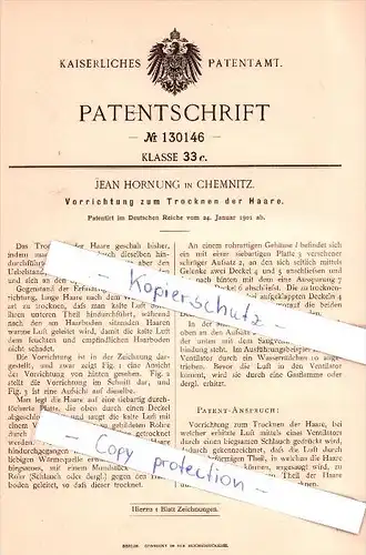 Original Patent  - Jean Hornung in Chemnitz , 1901 , Vorrichtung zum Trocknen der Haare !!!
