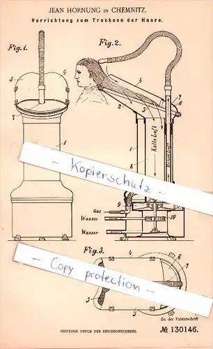 Original Patent  - Jean Hornung in Chemnitz , 1901 , Vorrichtung zum Trocknen der Haare !!!