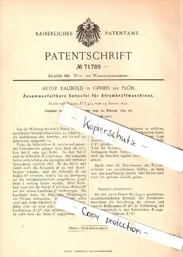 Original Patent - Artur Raubold in Grebin b. Plön , 1893 , Schaufel für Stromkraftmaschinen , Kraftmaschine !!!