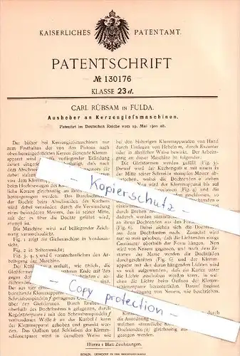 Original Patent  - Carl Rübsam in Fulda , 1901 , Ausheber an Kerzengießmaschinen !!!