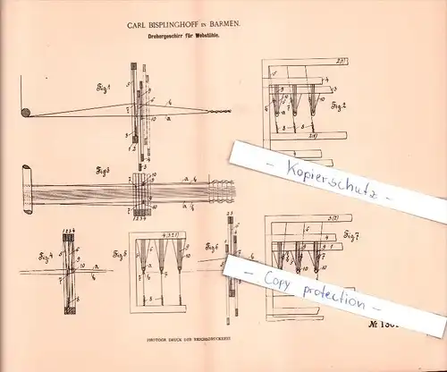 Original Patent  - Carl Bisplinghoff in Barmen , 1901 , Drehergeschirr für Webstühle !!!