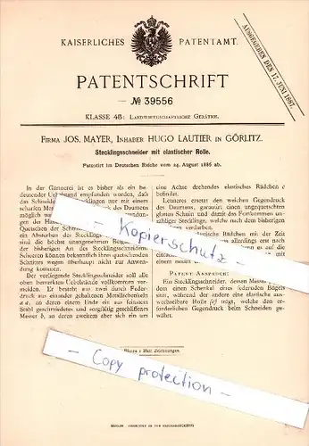 Original Patent  - J. Mayer, H. Lautier in Görlitz , 1886 , Stecklingsschneider , Landwirtschaft !!!