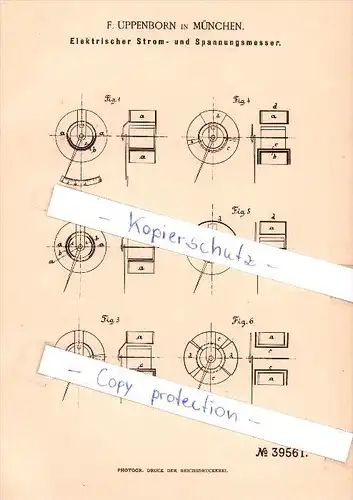 Original Patent  -  F. Uppenborn in München , 1886 , Elektrischer Strom- und Spannungsmesser , Elektriker !!!