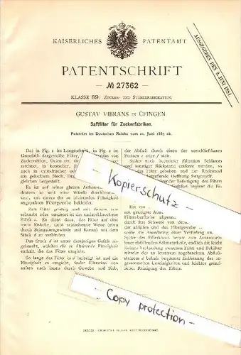 Original Patent - Gustav Vibrans in Üfingen b. Salzgitter , 1883 , Saftfilter für Zuckerfabrik , Zucker !!!
