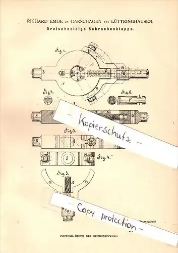 Original Patent - R. Emde in Garschagen b. Lüttringhausen / Remscheid , 1883 , Schraubenkluppe , Metallbau !!!