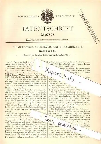 Original Patent - Bruno Lantz in Obergersdorf b. Bischheim i.S., 1883 , Walzenegge , Haselbachtal , Gersdorf !!!