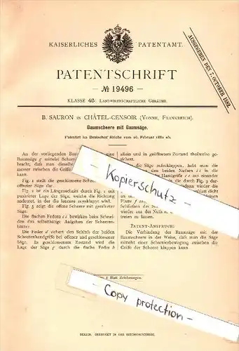 Original Patent - B. Sauron  à Chatel-Censoir , Yonne , 1882 , Élagage des arbres vit avec des ciseaux !!!