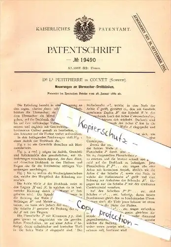 Original Patent - Dr. Petitpierre in Couvet , Schweiz , 1882 , Uhrmacher - Drehbank , Uhren !!!