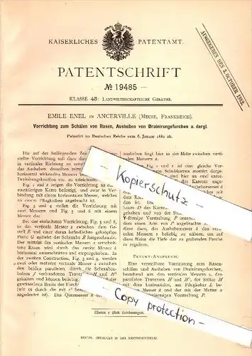 Original Patent - Emile Enel à Ancerville , Meuse , 1882 , Dispositif pour creuser des sillons , agriculture  !!!