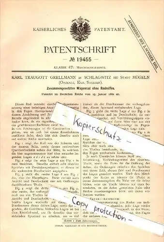 Original Patent - K. Grellmann in Schlagwitz / Waldenburg b. Mügeln , 1882 , Wagenrad ohne Radreifen , Wagenbau  !!!