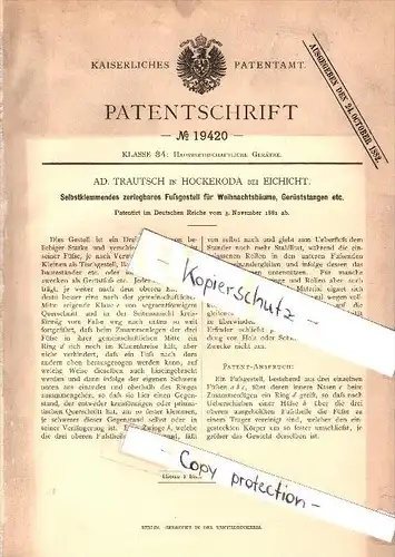 Original Patent - A. Trautsch in Hockeroda b. Eichicht / Kaulsdorf , 1881 , Gestell für Weihnachtsbäume . Weihnachten !!