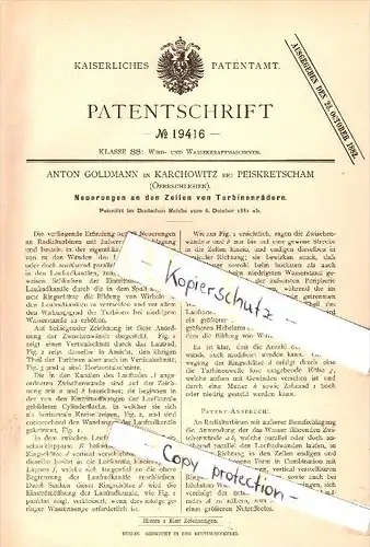 Original Patent - A. Goldmann in Karchowitz / Karchowice b. Peiskretscham / Pyskowice , 1881 , Turbinen , Turbinenräder