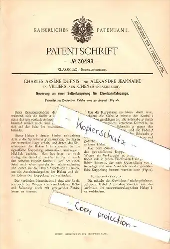 Original Patent - Ch. Dupnis et A. Jeannaire à Villiers aux Chenes , 1884 , Couplage des voies ferrées !!!
