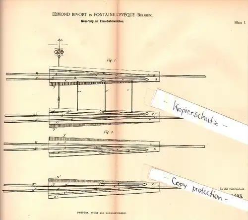 Original Patent - Edmond Bivort in Fontaine-l'Éveque , 1884 , Eisenbahnweiche , Eisenbahn , Weiche !!!