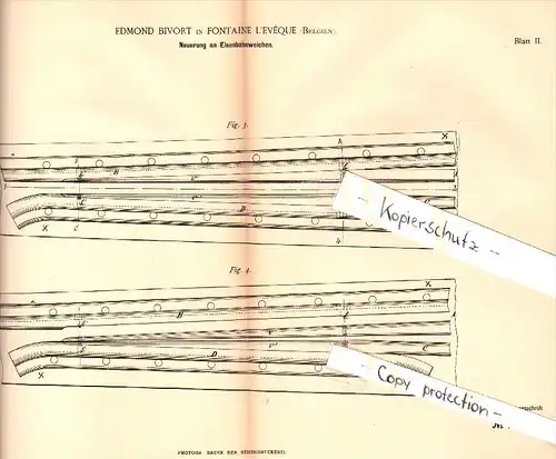 Original Patent - Edmond Bivort in Fontaine-l'Éveque , 1884 , Eisenbahnweiche , Eisenbahn , Weiche !!!