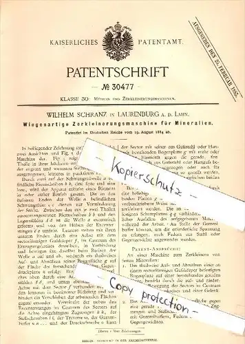 Original Patent - Wilhelm Schranz in Laurenburg a.d. Lahn , Diez , 1884 , Zerkleinerungsmaschine für Mineralien  !!!
