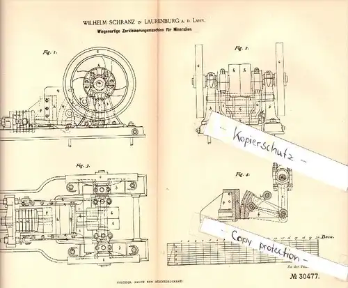 Original Patent - Wilhelm Schranz in Laurenburg a.d. Lahn , Diez , 1884 , Zerkleinerungsmaschine für Mineralien  !!!