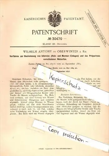 Original Patent - Wilhelm Antony in Oberwinter b. Remagen , 1884 , Intarsien für Holz und Marmor !!!