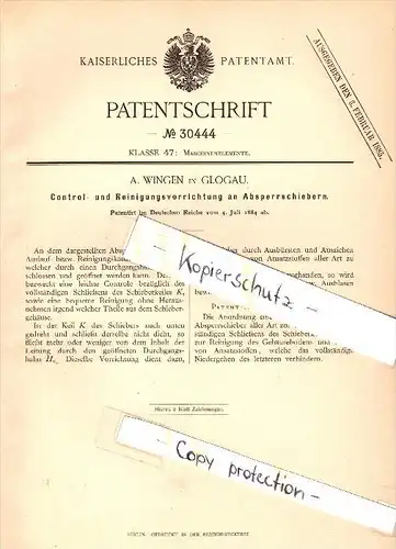 Original Patent - Anton Winger in Glogau / Glogow , 1884 , Controll- und Reinigungsvorrichtung , Maschinenbau !!!