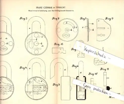 Original Patent - Franz Czermak in Tinischt / Tyniste nad Orlici , 1884 , Vorrichtung für Vorhängeschlösser !!!