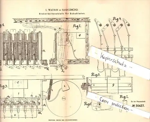 Original Patent -  L. Watrin à Saargemünd / Sarreguemines , 1884 , Verrouillage de sécurité pour les tiroirs !!!