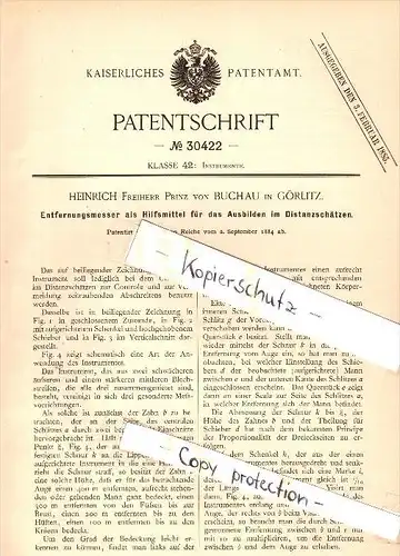 Original Patent - Heinrich Freiherr Prinz von Buchau in Görlitz , 1884 , Enfernungsmesser !!!