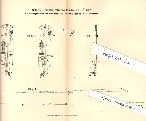 Original Patent - Heinrich Freiherr Prinz von Buchau in Görlitz , 1884 , Enfernungsmesser !!!