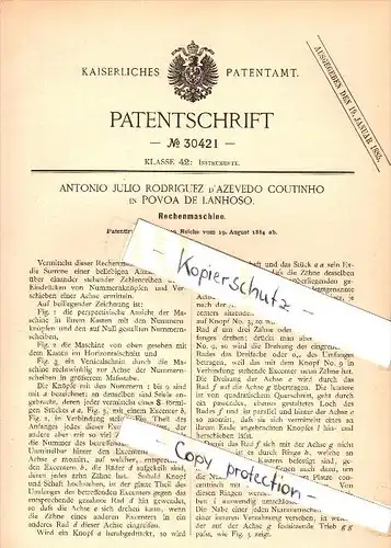 Original Patent - A. Rodriguez d' Azevedo Coutinho em Povoa de Lanhoso , 1884 , ábaco , matemática !!!