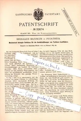 Original Patent   - B. Bilfinger in Pforzheim , 1885 , Schützen für die Ausflußöffnungen von Laufrädern !!!