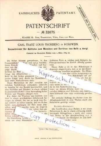 Original Patent  - C. F. L. Frohberg in Rosswein / Roßwein , 1885 ,  Bottiche zum Waschen und Sortiren von Hefe !!!